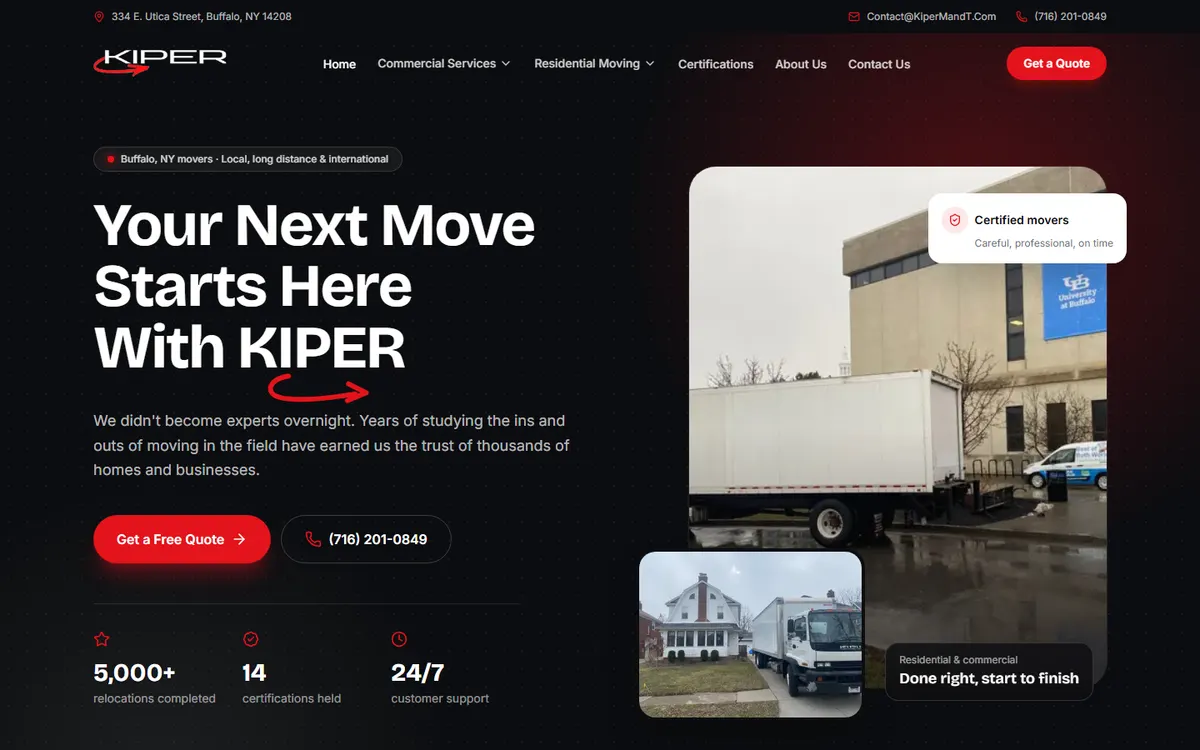 Kiper Moving and Transportation website homepage, built by SimpliTech.dev