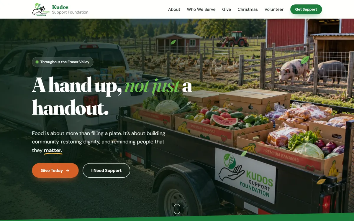 Kudos Support Foundation website homepage, built by SimpliTech.dev