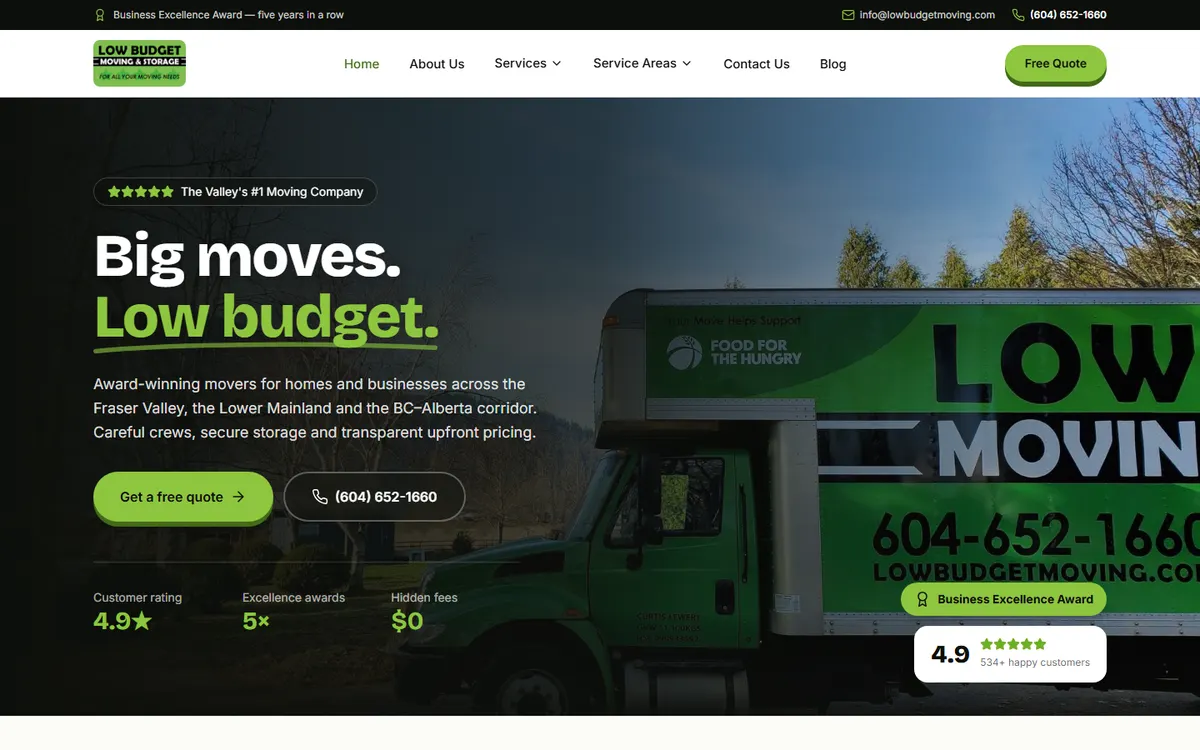 Low Budget Moving & Storage website homepage, built by SimpliTech.dev