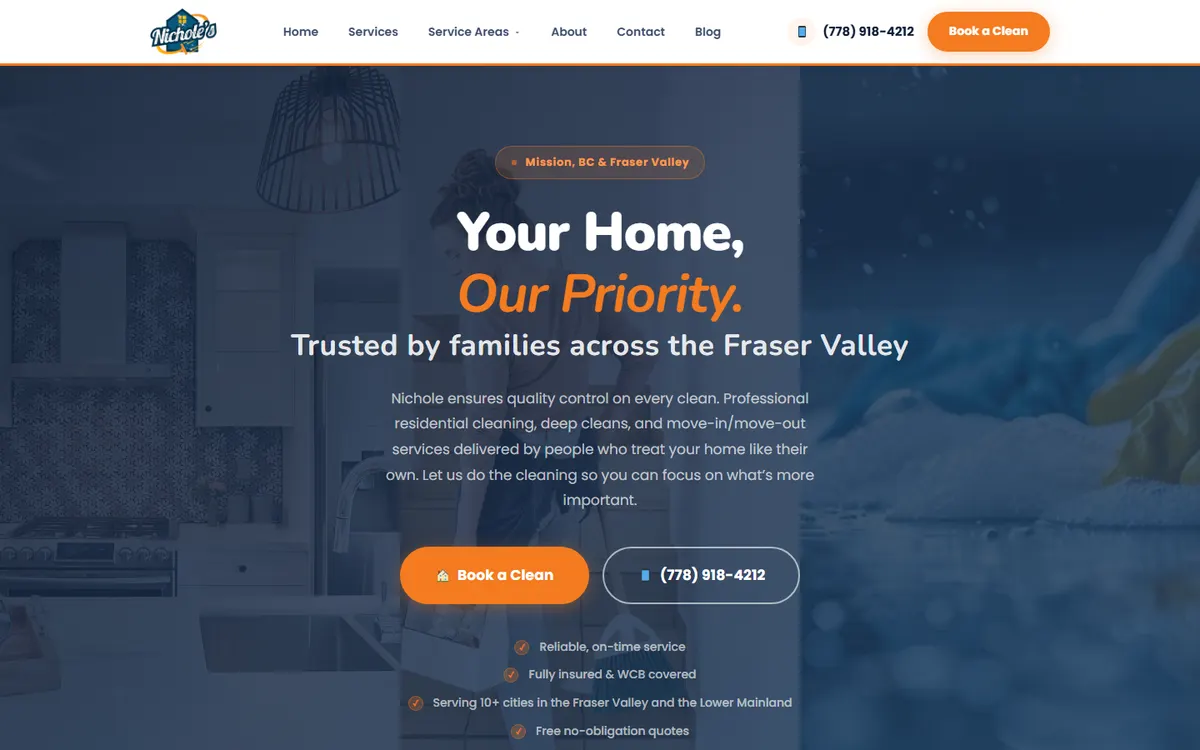 Nichole’s Residential Cleaning website homepage, built by SimpliTech.dev