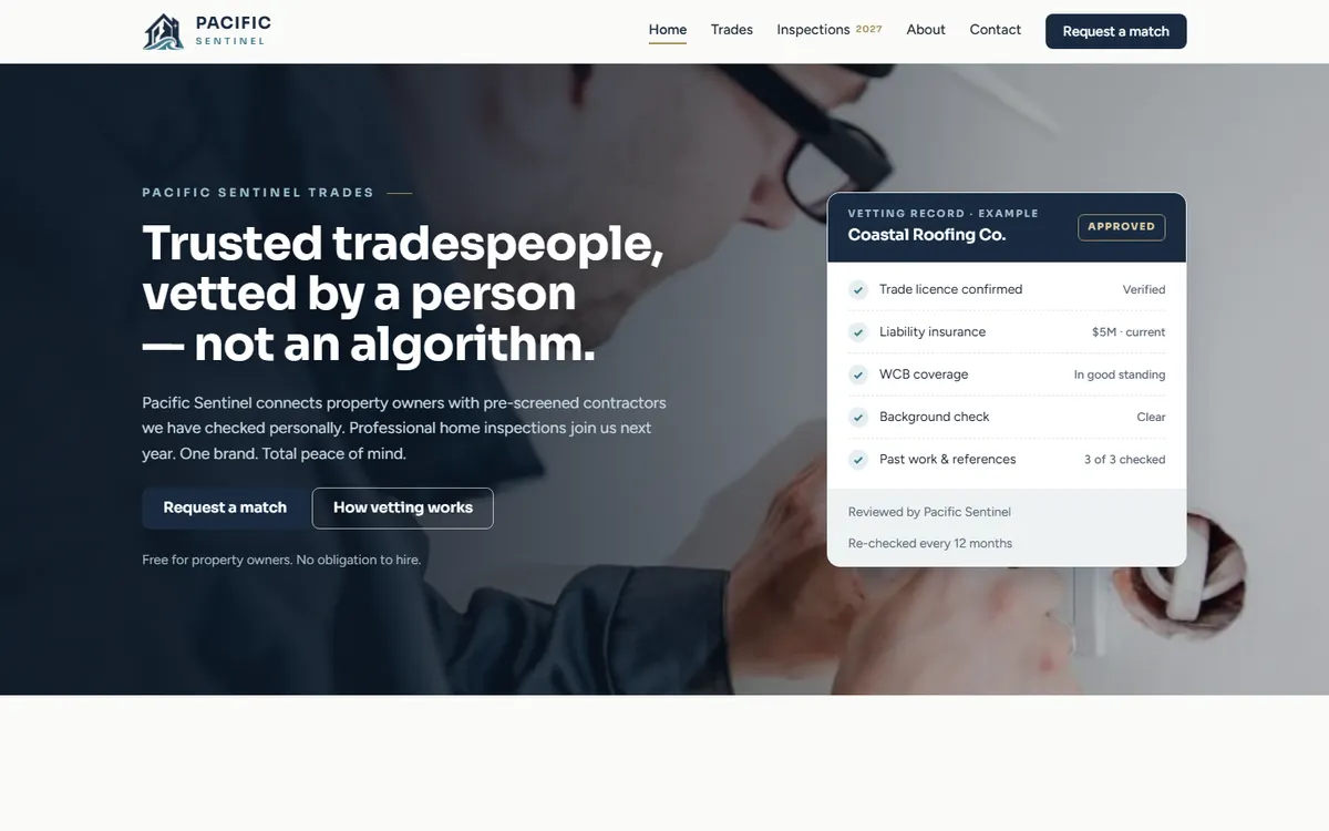 Pacific Sentinel website homepage, built by SimpliTech.dev
